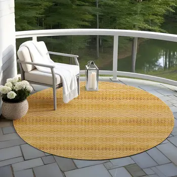8' Wheat And Gold Round Striped Washable Indoor Outdoor Area Rug