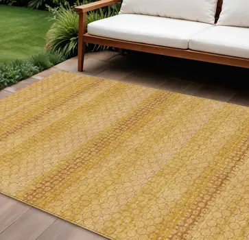 9' X 12' Wheat And Gold Striped Washable Indoor Outdoor Area Rug