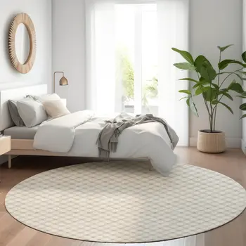 8' Beige And Ivory Round Floral Washable Indoor Outdoor Area Rug