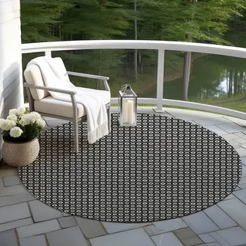 8' Black And Gray Round Floral Washable Indoor Outdoor Area Rug