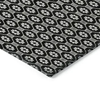 8' Black And Gray Round Floral Washable Indoor Outdoor Area Rug