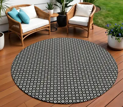 8' Black And Gray Round Floral Washable Indoor Outdoor Area Rug