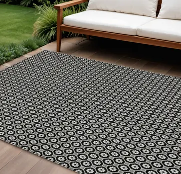 8' X 10' Black And Gray Floral Washable Indoor Outdoor Area Rug