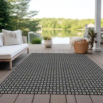 8' X 10' Black And Gray Floral Washable Indoor Outdoor Area Rug