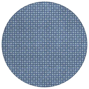 8' Blue And Sky Blue Round Floral Washable Indoor Outdoor Area Rug