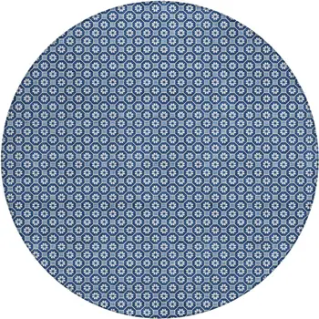 8' Blue And Sky Blue Round Floral Washable Indoor Outdoor Area Rug