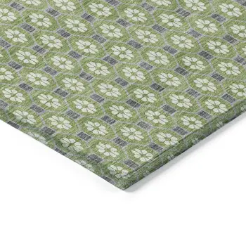 5' X 8' Green And Gray Floral Washable Indoor Outdoor Area Rug