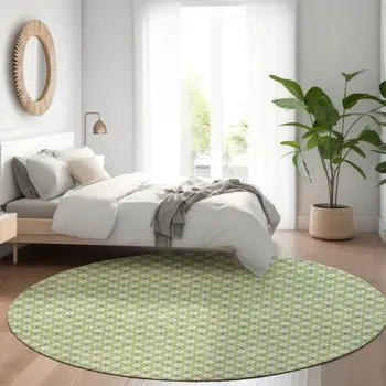 8' Green And Gray Round Floral Washable Indoor Outdoor Area Rug