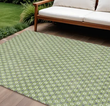 8' X 10' Green And Gray Floral Washable Indoor Outdoor Area Rug