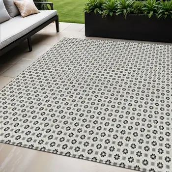 5' X 8' Ivory And Black Floral Washable Indoor Outdoor Area Rug
