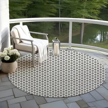 8' Ivory And Black Round Floral Washable Indoor Outdoor Area Rug