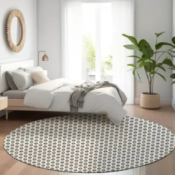 8' Ivory And Black Round Floral Washable Indoor Outdoor Area Rug
