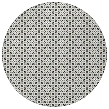 8' Ivory And Black Round Floral Washable Indoor Outdoor Area Rug