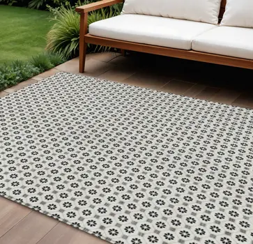 9' X 12' Ivory And Black Floral Washable Indoor Outdoor Area Rug