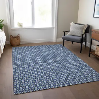 3' X 5' Navy Blue And Gray Floral Washable Indoor Outdoor Area Rug
