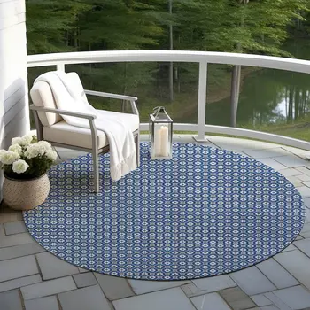 8' Navy Blue And Gray Round Floral Washable Indoor Outdoor Area Rug