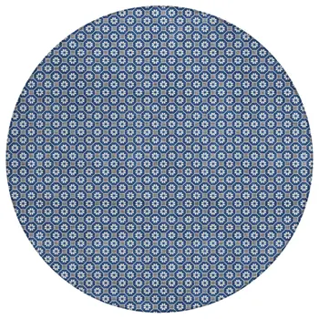 8' Navy Blue And Gray Round Floral Washable Indoor Outdoor Area Rug