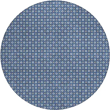 8' Navy Blue And Gray Round Floral Washable Indoor Outdoor Area Rug
