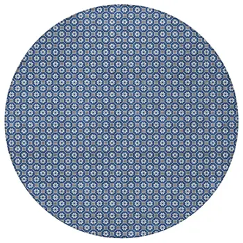 8' Navy Blue And Gray Round Floral Washable Indoor Outdoor Area Rug