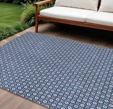 8' X 10' Navy Blue And Gray Floral Washable Indoor Outdoor Area Rug