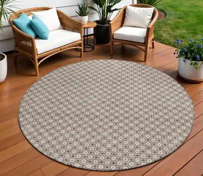 8' Taupe And Brown Round Floral Washable Indoor Outdoor Area Rug