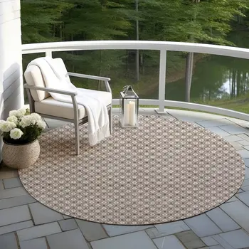 8' Taupe And Brown Round Floral Washable Indoor Outdoor Area Rug