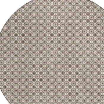 8' Taupe And Brown Round Floral Washable Indoor Outdoor Area Rug