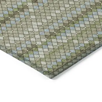 3' X 5' Artichoke Green And Fern Green Geometric Washable Indoor Outdoor Area Rug