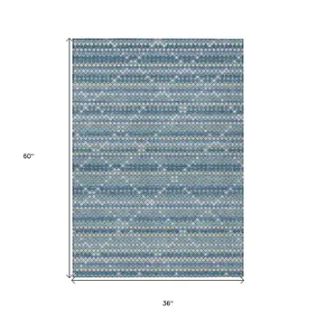 3' X 5' Denim Blue And Teal Blue Geometric Washable Indoor Outdoor Area Rug