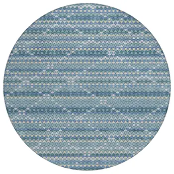 8' Denim Blue And Teal Blue Round Geometric Washable Indoor Outdoor Area Rug