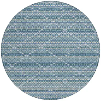 8' Denim Blue And Teal Blue Round Geometric Washable Indoor Outdoor Area Rug