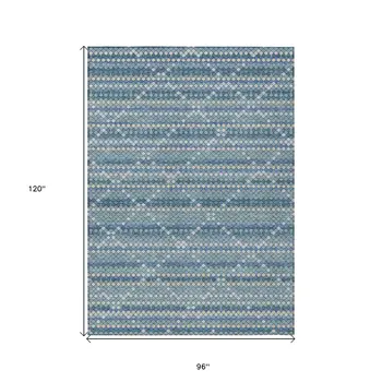 8' X 10' Denim Blue And Teal Blue Geometric Washable Indoor Outdoor Area Rug