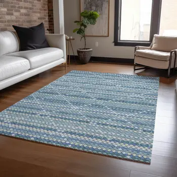 8' X 10' Denim Blue And Teal Blue Geometric Washable Indoor Outdoor Area Rug