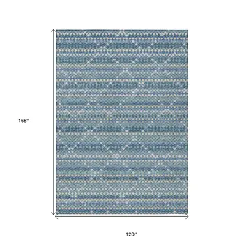 10' X 14' Denim Blue And Teal Blue Geometric Washable Indoor Outdoor Area Rug