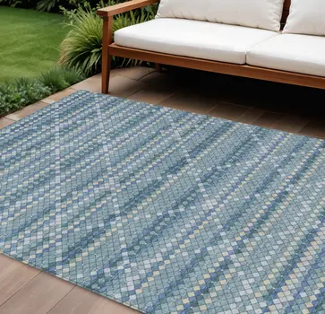 10' X 14' Denim Blue And Teal Blue Geometric Washable Indoor Outdoor Area Rug