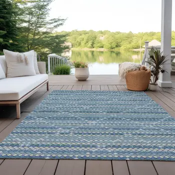 10' X 14' Denim Blue And Teal Blue Geometric Washable Indoor Outdoor Area Rug