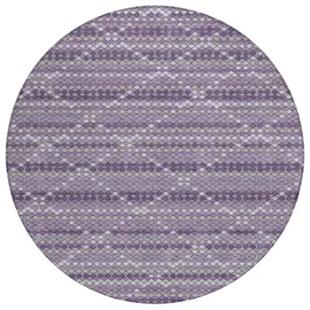 8' Purple And Lavender Round Geometric Washable Indoor Outdoor Area Rug