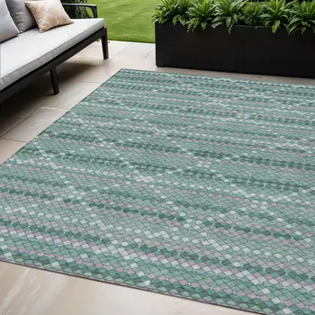 5' X 8' Teal Blue And Ivory Geometric Washable Indoor Outdoor Area Rug