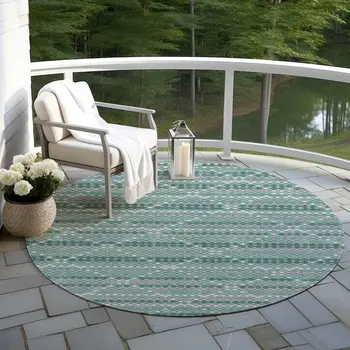 8' Teal Blue And Ivory Round Geometric Washable Indoor Outdoor Area Rug