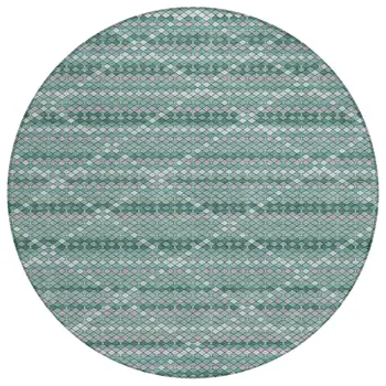 8' Teal Blue And Ivory Round Geometric Washable Indoor Outdoor Area Rug