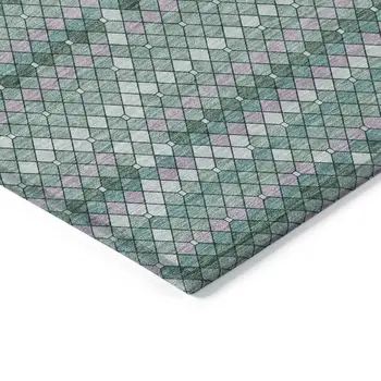 8' Teal Blue And Ivory Round Geometric Washable Indoor Outdoor Area Rug