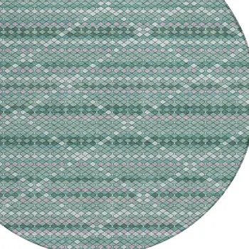 8' Teal Blue And Ivory Round Geometric Washable Indoor Outdoor Area Rug
