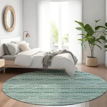 8' Teal Blue And Ivory Round Geometric Washable Indoor Outdoor Area Rug