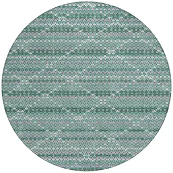 8' Teal Blue And Ivory Round Geometric Washable Indoor Outdoor Area Rug