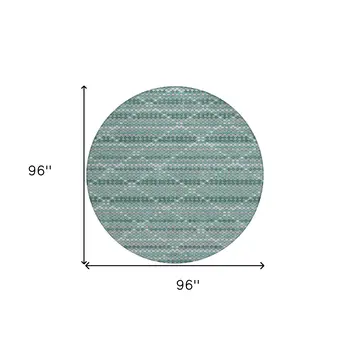 8' Teal Blue And Ivory Round Geometric Washable Indoor Outdoor Area Rug