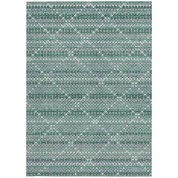 9' X 12' Teal Blue And Ivory Geometric Washable Indoor Outdoor Area Rug