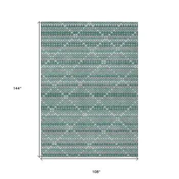 9' X 12' Teal Blue And Ivory Geometric Washable Indoor Outdoor Area Rug