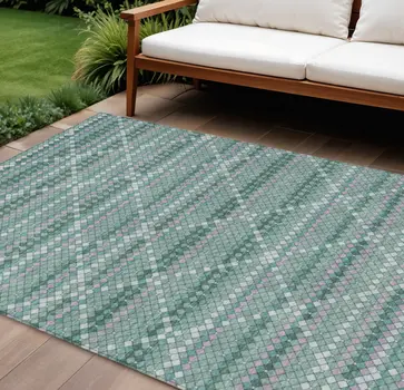 9' X 12' Teal Blue And Ivory Geometric Washable Indoor Outdoor Area Rug