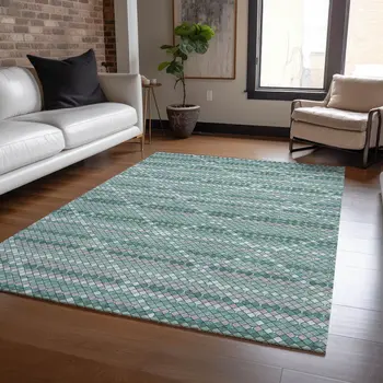 9' X 12' Teal Blue And Ivory Geometric Washable Indoor Outdoor Area Rug