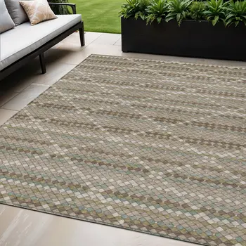 5' X 8' Taupe And Brown Geometric Washable Indoor Outdoor Area Rug